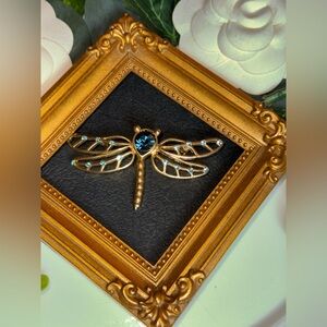 Gold Dragonfly VTG Brooch with Blue Gemstones